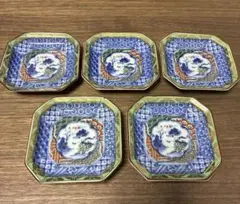 龍峰窯 緑彩 金欄手 八角小皿 5枚 色絵山水 染付のサムネイル