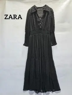 ZARA ブラック ドット柄 レース ロング ワンピース S