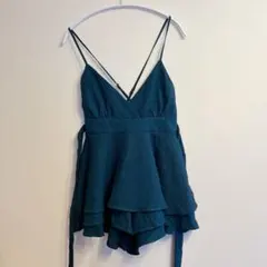 HUE ダークグリーン フリル付きサロペット Sサイズ 海外古着