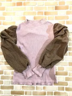 LIEN 袖チェック 切替リブトップス F くすみピンク バルーン袖