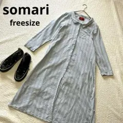 somari フリー シャツワンピース ロングストライプ ブルー 綿100のサムネイル