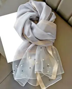 フォーマルドレスストール大判薄手パール付パーティーショールシルバーグレー結婚式