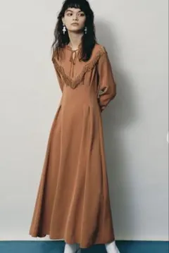 リリーブラウン長袖ウエスタンロングワンピース茶色キャメルフリンジ秋服ブラウンF