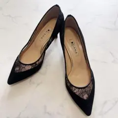 【美品】DIANA ポインテッドトゥ レース スエード パンプス 黒 23.0