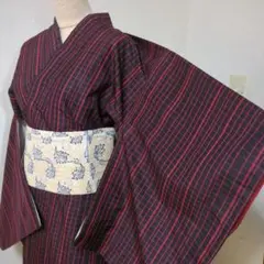 紬着物 黒地 赤格子柄 袖丈長め　バチ衿 152/62/23/30/52のサムネイル