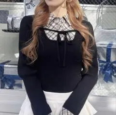 INGNI チェックシャツドッキングフロントリボンニット ブラック