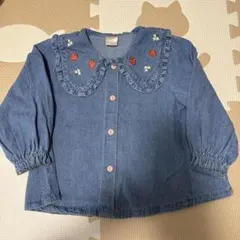 futafuta いちご刺繍 フリル襟デニムシャツ 95 水通しのみ