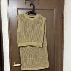 透かし編みベージュニットロングスカートセットアップ