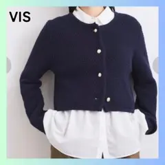 ビス　VIS ツイードライクノーカラー金ボタンニットカーディガン　ネイビー