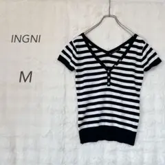 イング/半袖ニット/Vネック/M/ブラック/ホワイト/ボーダー/綿混/ボタン装飾