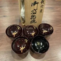 越前塗 吸物椀揃 溜内黒 蘭 5客