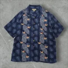 シルク100% アロハシャツ XL 紺 極楽鳥花 総柄 ボタニカル 開襟シャツのサムネイル