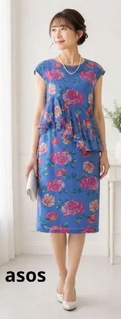 新品asos 花柄 ノースリーブ 膝丈ワンピース フリル　ＬＬ１３号大きいサイズのサムネイル