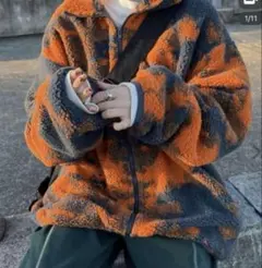 ボアジャケット タイダイ柄 オレンジ 黒 フリーサイズ