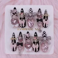 地雷系 × 量産型 ネイルチップ 黒×ピンク ゴテゴテ 推し活　闇堕ち魔法少女♡