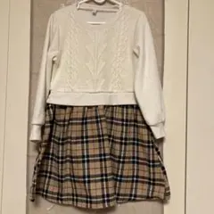 長袖ドッキングワンピース120㎝　裏起毛 ベージュチェック