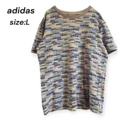 adidas Tシャツ◆L 総柄 ロゴプリント 半袖 パープル ブルー 綿