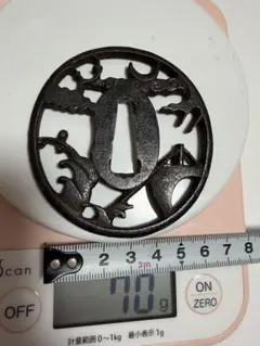 鍔 正方 鉄鐔 在銘 獅子に草花図 拵 日本刀 刀装具 骨董 古美術 江戸