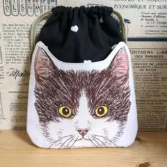 ハンドメイド　キャットフェイス② ポケット付き巾着　ブラック　ハート