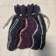 かぎ編み　ハンドメイド　巾着　ポーチ　なみなみ　グラデーション　紫　緑