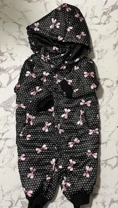 ベビー キッズ　カバーオール リボン ドット柄 ブラック80cm フード付き
