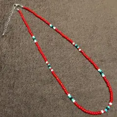 レッド ターコイズ ビーズネックレス 40cm−45cm 3mmビーズ