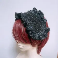 ブラックフリル ニットヘッドドレス 黒×水色×銀