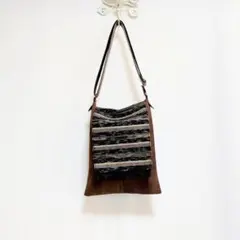 ハンドメイド＊古布酒袋柿渋染め×裂き織×牛革他＊２WAYポシェット
