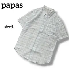 papas　シアサッカー　チェック柄　半袖シャツ　透け感　リネンコットン　ブルーのサムネイル