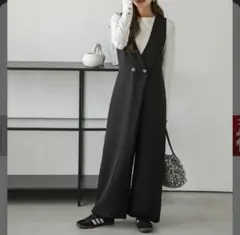 ラップ風 オールインワンＶネック 楽ちん 大人サロペット ワイドパンツ 黒