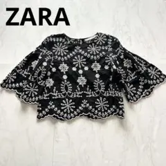 【ZARA 】ザラ　刺繍ブラウス　ブラック　七分袖