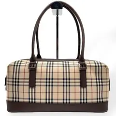 【美品】90's バーバリー ボストンバッグ オールレザー ノバチェック 手提げ Auth BURBERRY BLUE LABEL Japan Large Tote Bag Nova Check Bow