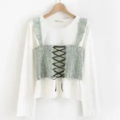 【新品】ホワイトとグリーンのレースアップビスチェ