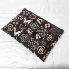 ハンドメイド　ポケットティッシュケース 鳥獣戯画風　うさぎ　和柄　黒