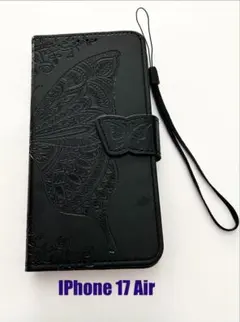 iPhone 17 Air 手帳型ブラックケース 蝶柄 ストラップ付き