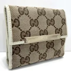 グッチ 折り財布 GGキャンバス ホワイト wホック ゴールドプレート ロゴ 革