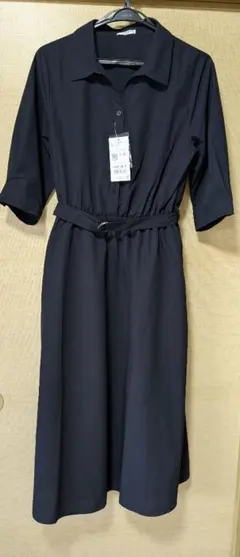 Honeys ネイビー シャツワンピース ひざ丈 ベルト付き