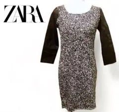 ZARA ザラ ニット 袖 レザー切り替え ワンピース M ミックスニット　26
