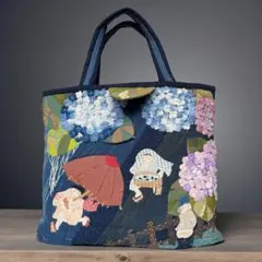 布の宿本陣✳︎しょんべん小僧とカエル泥棒✳︎藍染め・更紗・紫陽花・着物リメイク・古布 布の宿本陣✳︎立ちション坊主✳︎紫陽花・あおむし・カエル・着物
