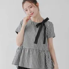 fitmore♡ギンガムチェックリボンフレアトップスのサムネイル