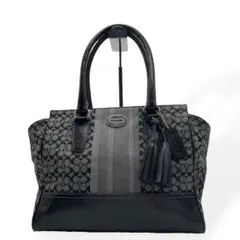 美品 COACH シグネチャー キャンバス レザー トートバッグ 黒 6092