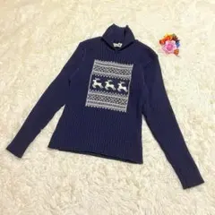 ニューヨーカー　長袖ニット　セーター　ネイビー　トナカイ柄　ハイネック　Mサイズ