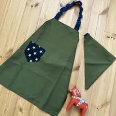 巾着セット★子供エプロン 120 〜 130 三角巾セット☆ シンプルグリーン