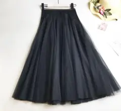 黒 チュール フレアロングスカートチュールスカート ウエストゴム スカート