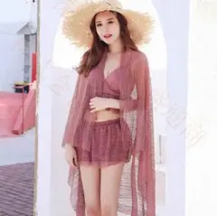 【セパレート】水着 レディース 体型カバー ピンク ビキニ スカート 羽織