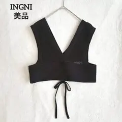 美品 イング 透かし編みレースアップニットビスチェ 黒 M ブラック 韓国風