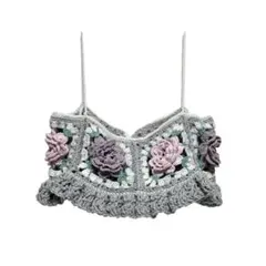 立体花モチーフ キャミソール レースアップ フリル 手編み 3D