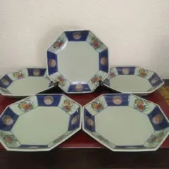 値下げ！有田焼　肥関　古典錦絵　八角皿　5客