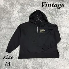 ヴィンテージ (M)長袖 フード付き パーカー ハーフジップ ドローストリング