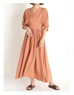 ミラオーウェン♡ Vネックウエストタックマキシワンピース （ピンク）